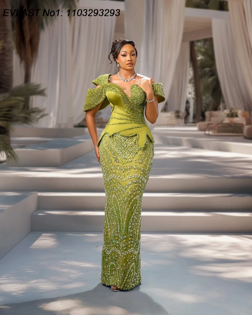 EVLAST Customized Sexy Green Sequin Crystals Mermaid Prom Dress Aso Ebi Long Women Wedding Party Gala Dress Evening Gown FP88 view 4