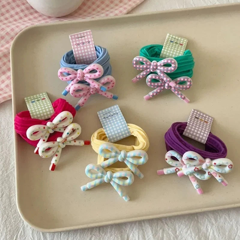 

2 Pcs Floral Stripe Bow Hair Tie Cute Double Ponytail Tie Hair Band Headwear