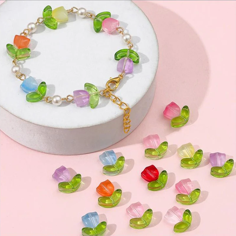 10-20Sets Handmade Colorful Glass Tulip Flower Beads Charm for Earring Bracelet Necklace DIY Jewelry Craft Making Accessories