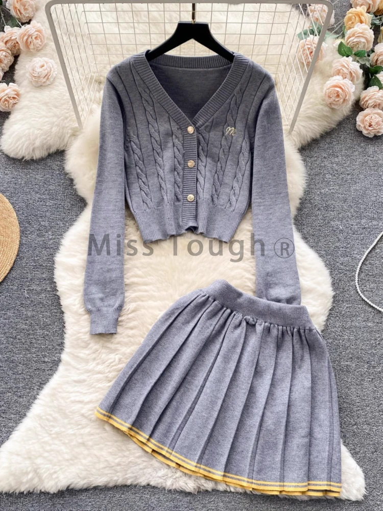 French College Style Retro Knitted Two Piece Set Women Lapel Sweater + High Waist Skirt Casual Pretty Solid Slim Suit Autumn New