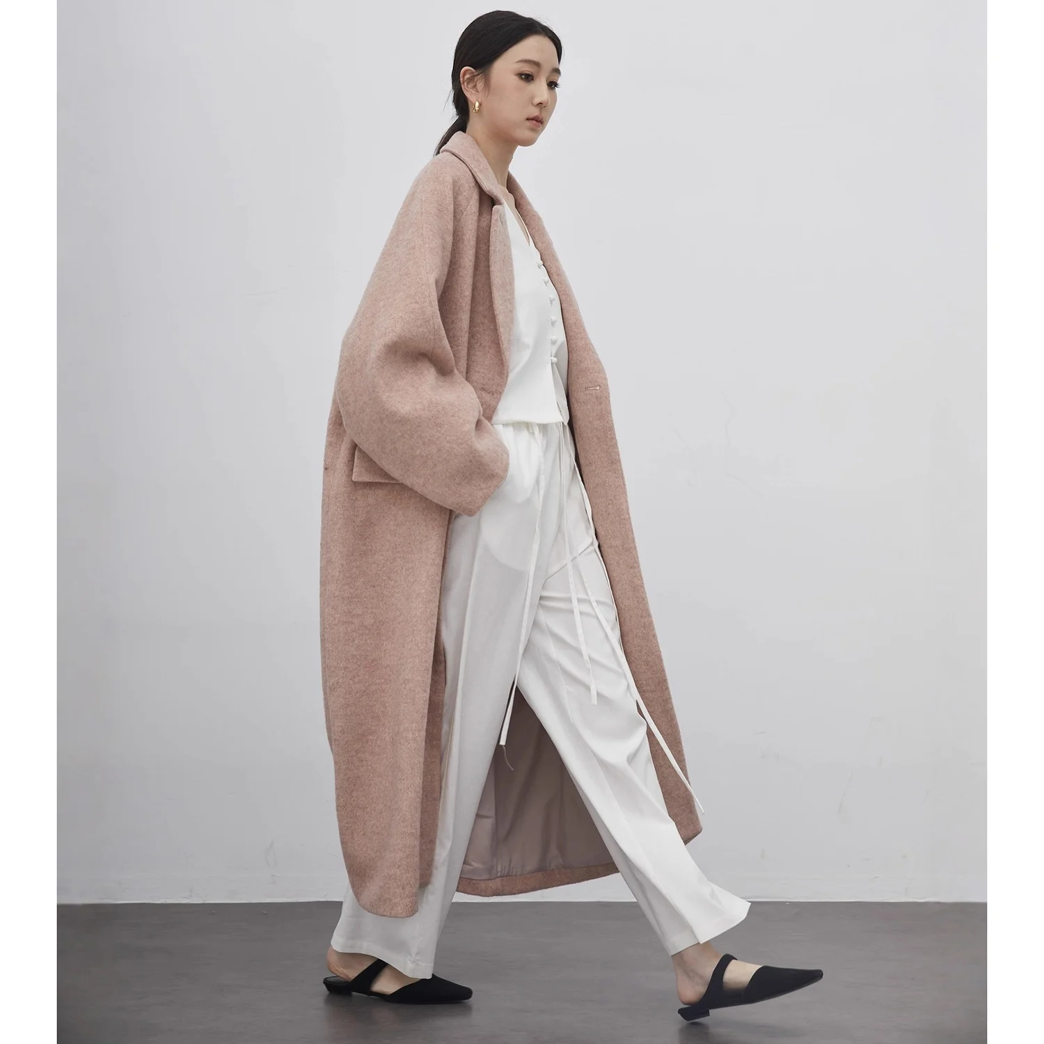Allingentle Women's Suit Long Blazer Woolen Pink Double-Breasted Long Jacket for Cocktail Party Daily Outfits Customize