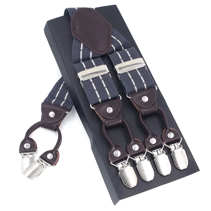 Fashion Suspenders Leather Alloy 6 Clips Braces Male Unisex Vintage Casual Leather Suspensorio Trousers Strap Husband's Gift