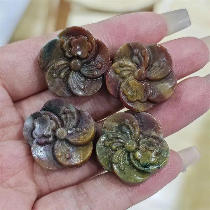 Natural Ocean Jasper Flower Carving Home Decoration Healing Energy Stone Children Birthday Gift 4pcs