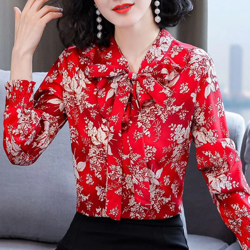 Women Vintage Floral Print Bow Lace Up Blouse Spring Autumn Elegant Fashion Chiffon Shirts Casual V Neck Long Sleeve Tops Female