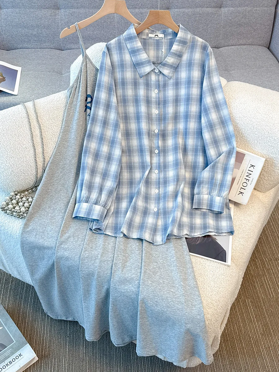 

Женский бюст больших размеров 150 кг, весна-осень, синяя клетчатая рубашка, базовое платье-бретелька, комплект из двух предметов 5XL, 6XL, 7XL, 8XL, 9XL