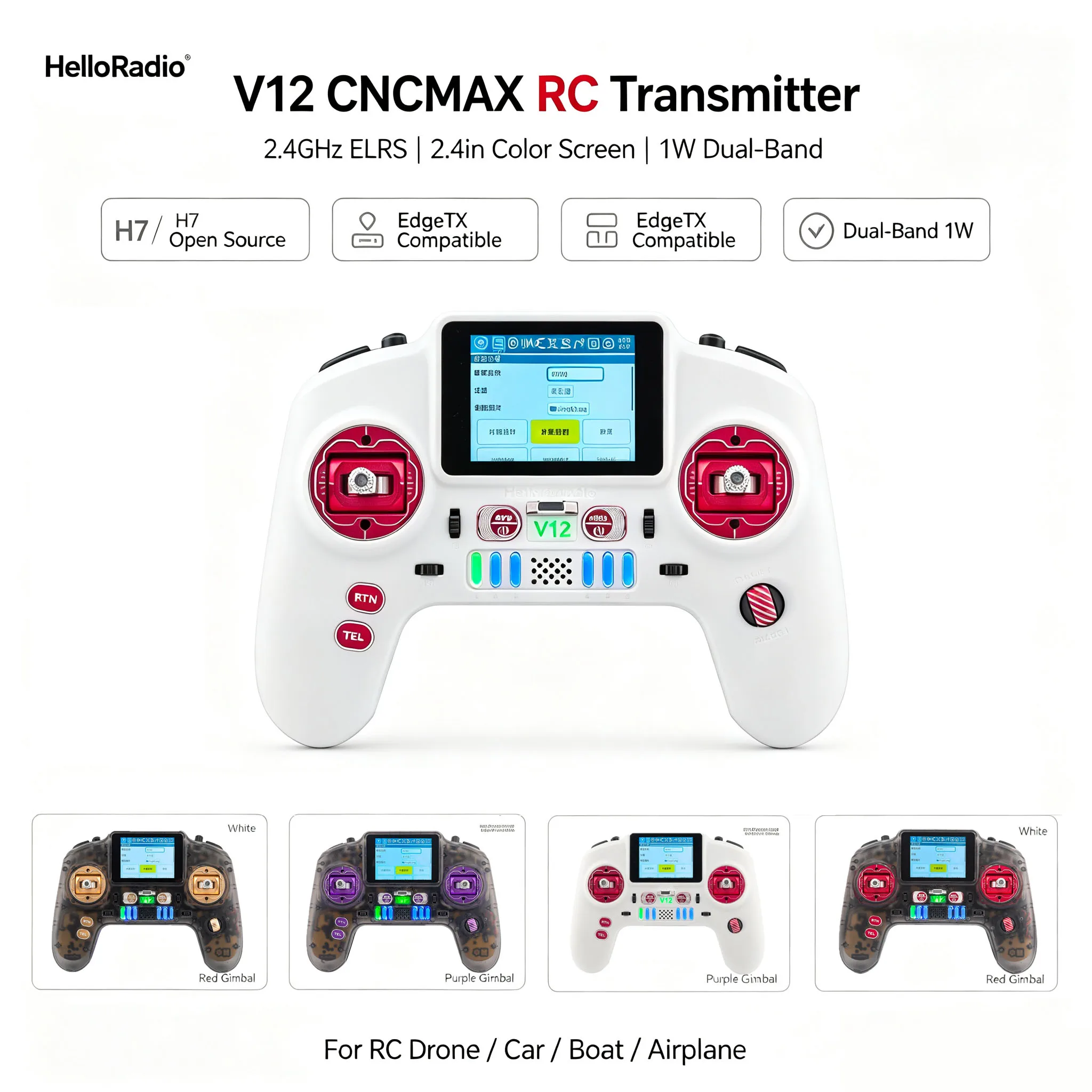 HelloRadio V12 CNCMAX RC Transmitter 2.4GHz ELRS 2.4in Color Screen H7 Open Source Main Control Dual-Band 1W Compatible EdgeTX