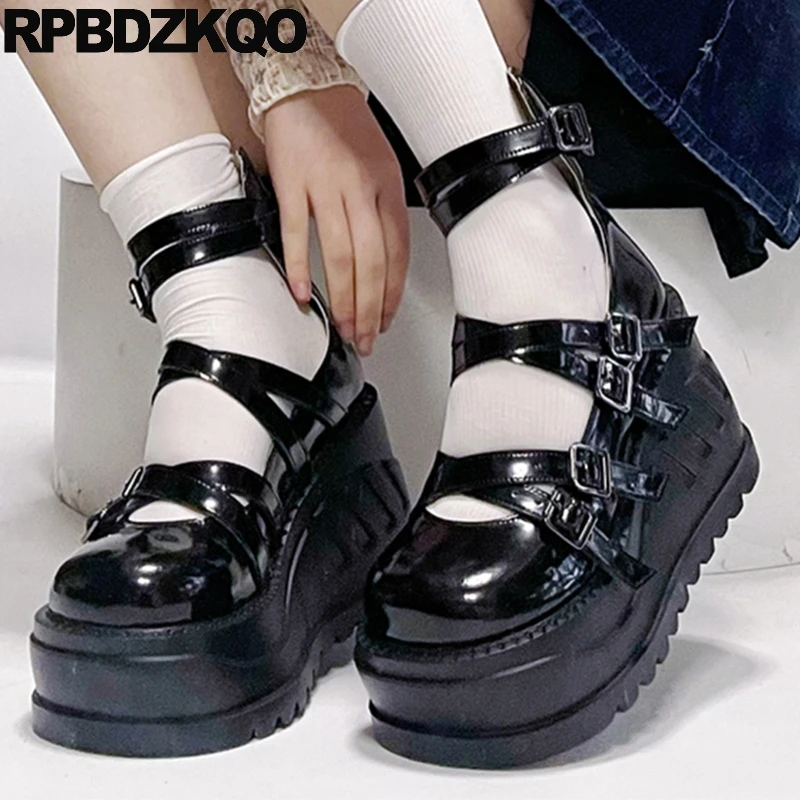 Strappy Platform Shoes High Heels Wedges Gladiator Patent Leather Flatforms Women Ankle Cross Strap Round Toe Pumps Mary Jane