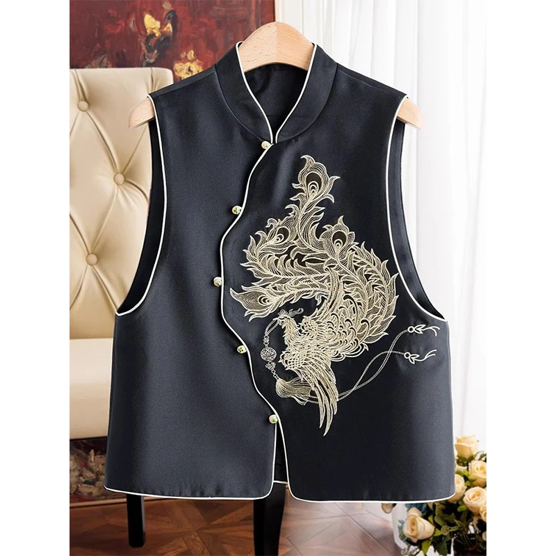 

Floral Embroidered Black Vest Women Retro Chinese Vintage Ethinic Style Sleeveless Tops Oversized