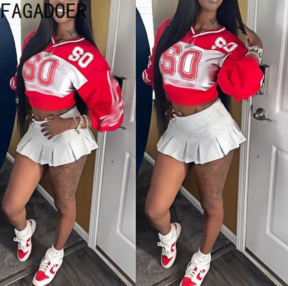 FAGADOER Y2K Streetwear Women 2 Piece Set Outfit Fashion V-neck Letter Print Sweatshirts + Mini Pleated Skirt Hot Girl Suits New