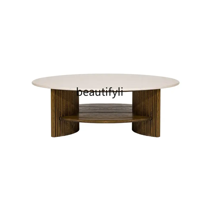 

yj Marble round Coffee Table Simple Modern Nordic Homestay Living Room Tea Table Solid Wood Small Tea Table