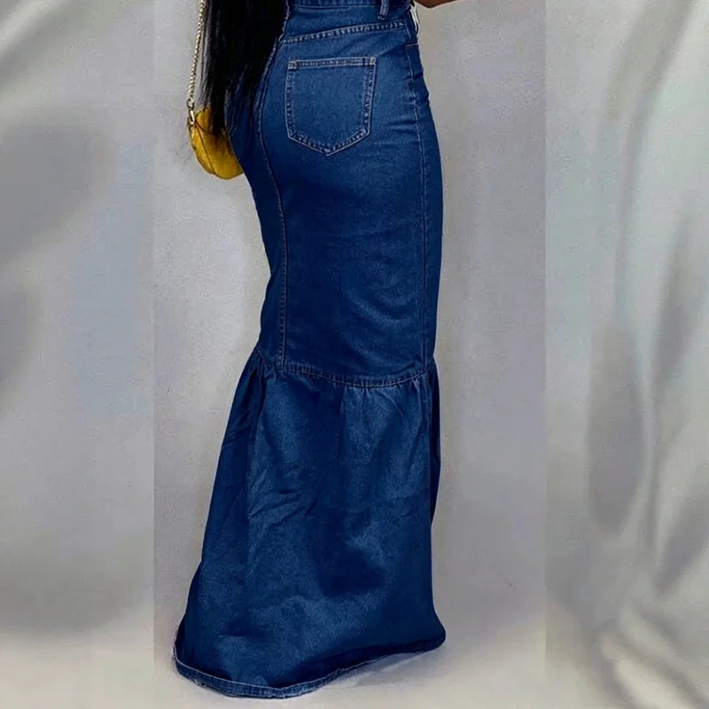 QICHE Women European Vintage Stretch Denim Midi Skirt Single Row Buttons Slim Hip Lifting Cake Casual Jeans Skirt