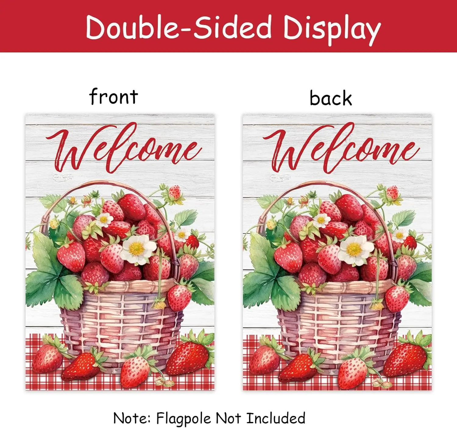 WHPCT Strawberry Welcome Garden Flag,Strawberry and Wood Board Garden Flag, Summer Fruit Theme Yard Sign Lawn Sign -12 x 18 Inch