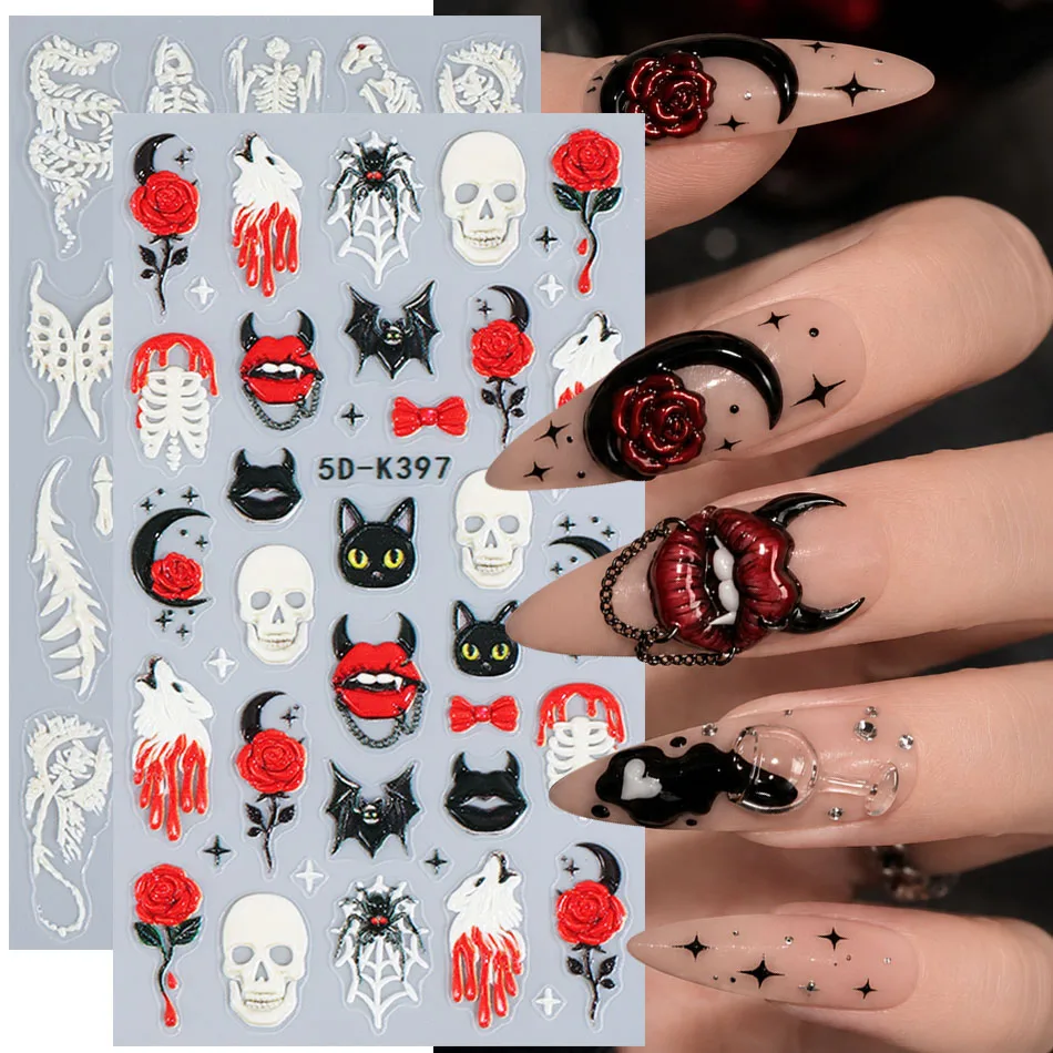 5D Embossed Halloween Nail Sticker Gothic Skull Skeleton Ghost Rose Spider Devil Lip Self‑Adhesive Nail Decal DIY Manicure Decor