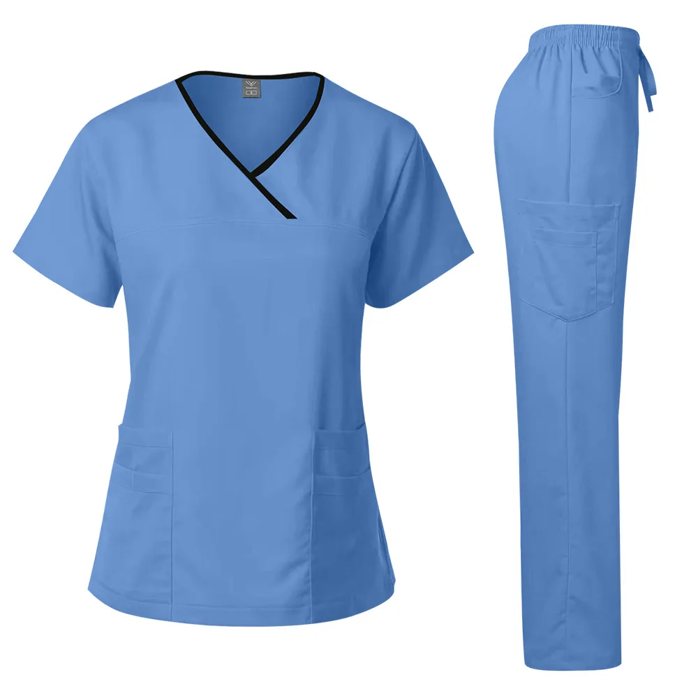 Medical Scrub Set Black Piping V Neck Multi Cargo Pocket Drawstring Straight Pants Aesthetic Nurse Vet Beautician Work Uniform