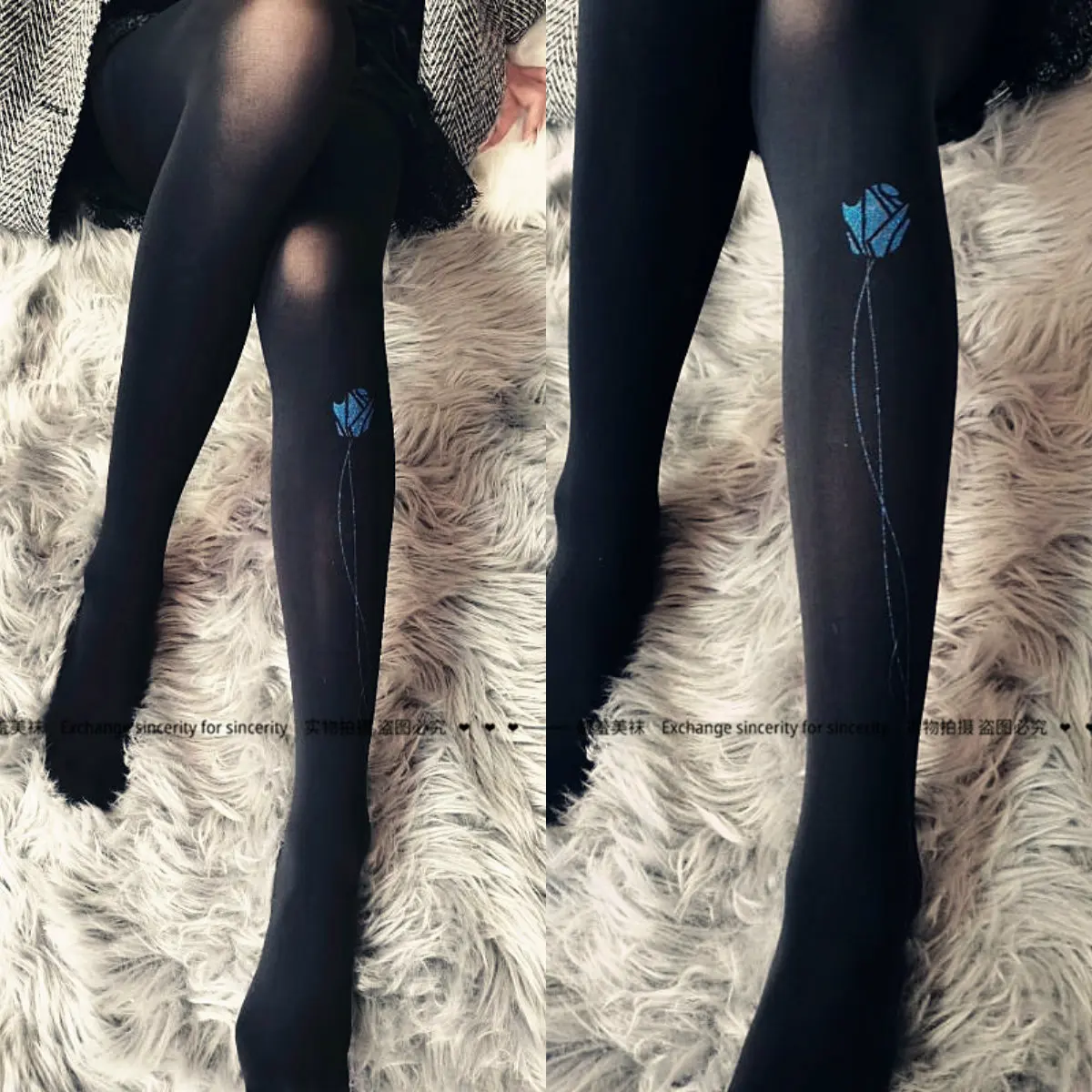 Vintage French Country‑Style Printed Blue Rose Pantyhose, 120D High‑Stretch Velvet Anti‑Snag Black Women Fashion Tights