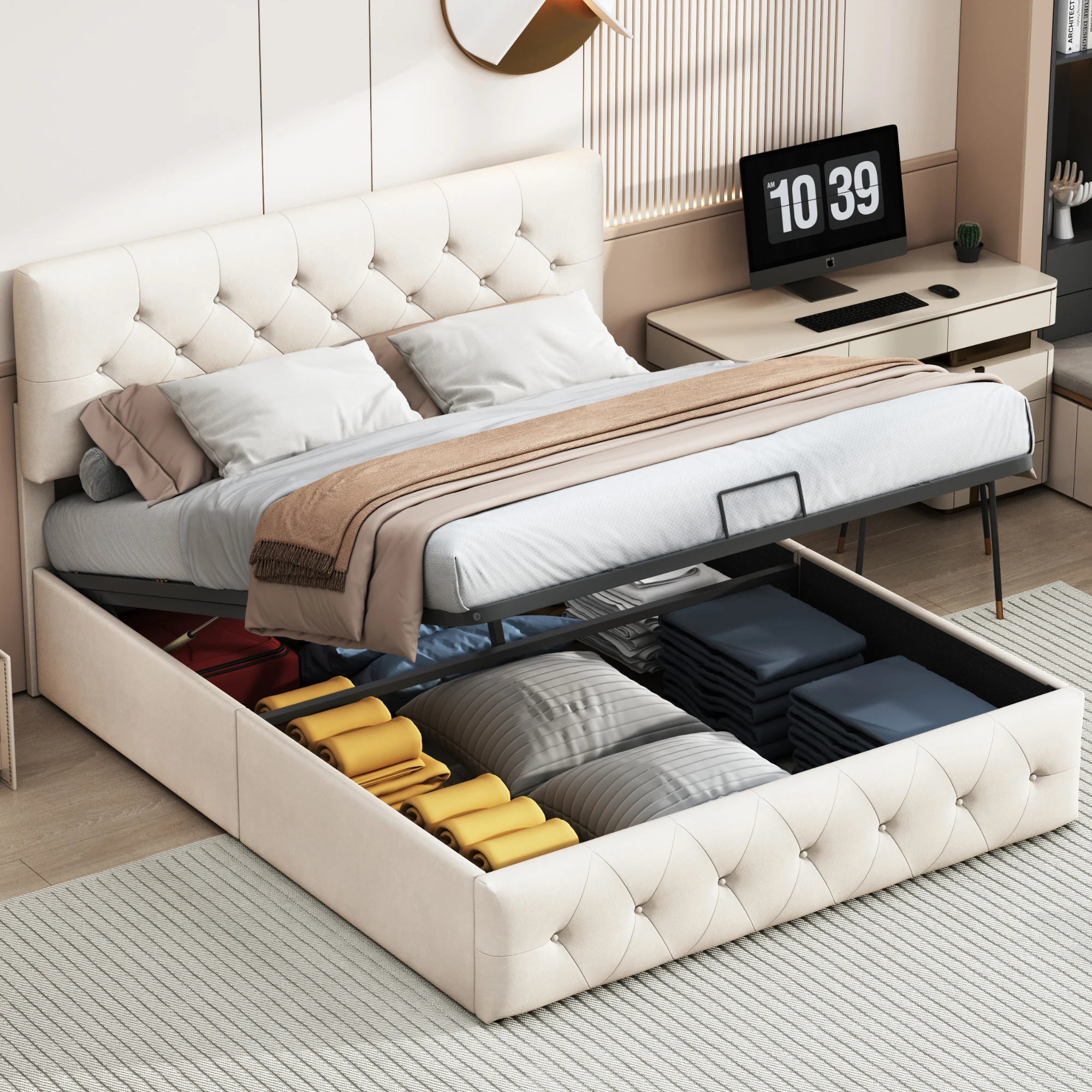 Cama tapizada Rosahqnda, 140x200 cm, cama hidráulica con cabecero de altura ajustable y somier de láminas, estructura de cama hecha de madera maciza