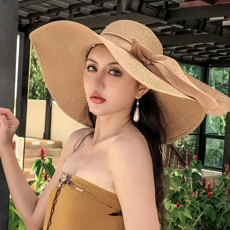1Pc Women's Seaside Bow Beach Hat Oversize Straw Hat Women's Summer Sun Block Big Brim Hat Suitable for Sun Protection