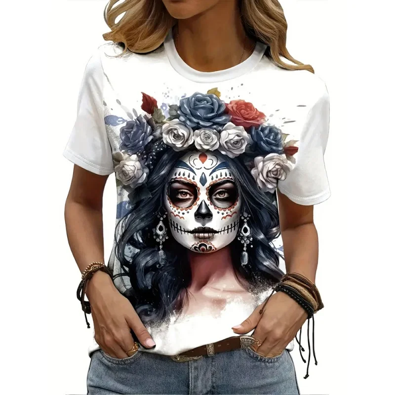 الهيكل العظمي زهرة نمط تي شيرت للنساء يوم الموتى ثلاثية الأبعاد مطبوعة قصيرة الأكمام الصيف فضفاض تي شيرت بلوزات مستديرة العنق الشارع تيز
