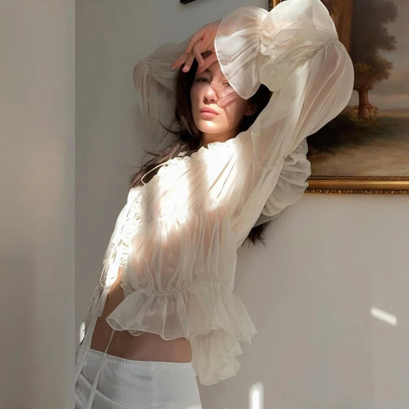 

Tornova Pleated Mesh Lace Up T shirt Top Women's See Through Sexy Mesh Splice Long Sleeve Shirt Casual Loose Funge Lady T shirt