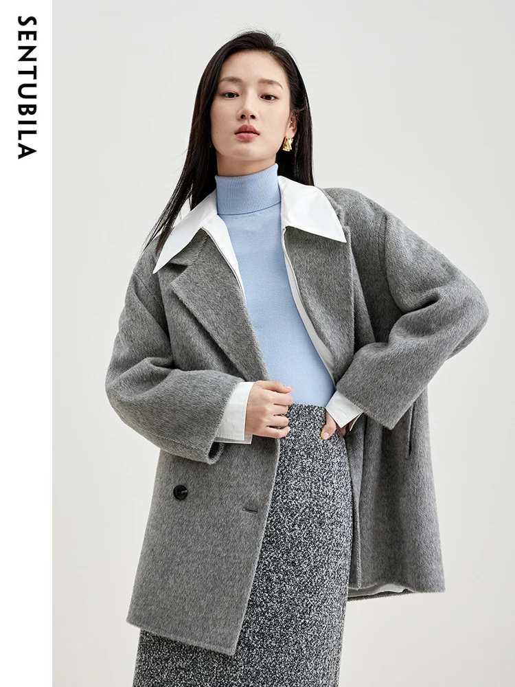 SENTUBILA Winter Double Sided Woolen Coat Women 2024 Mid Length Notched Collar Woolen Blazer Jacket Warm Overcoat W44O58452X