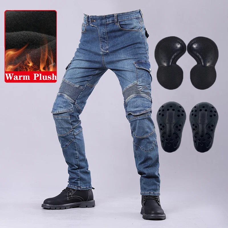 

Winter Motorcycle Riding Jeans Men Windproof Warm Plus Plush Fall resistant With Protective Gear Stretch Thick Motorbike Pants