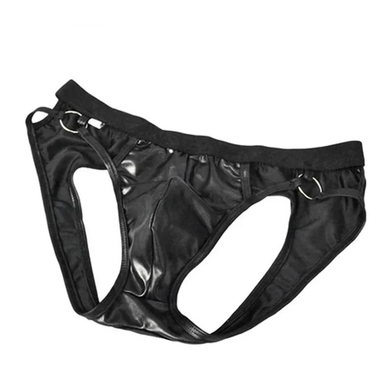 Men\'s Sexy Leather Underwear Open Butt Thong Briefs Metal Ring G-String Jock Strap Underpants Bulge Pouch Panties Erotic Lingeri