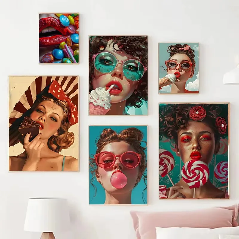 Bubble Gum Ice Cream Lollipop Candy Sweet Youth Girls Posters Prints Canvas Painting Fashion Figure Wall Art Pictures Home De