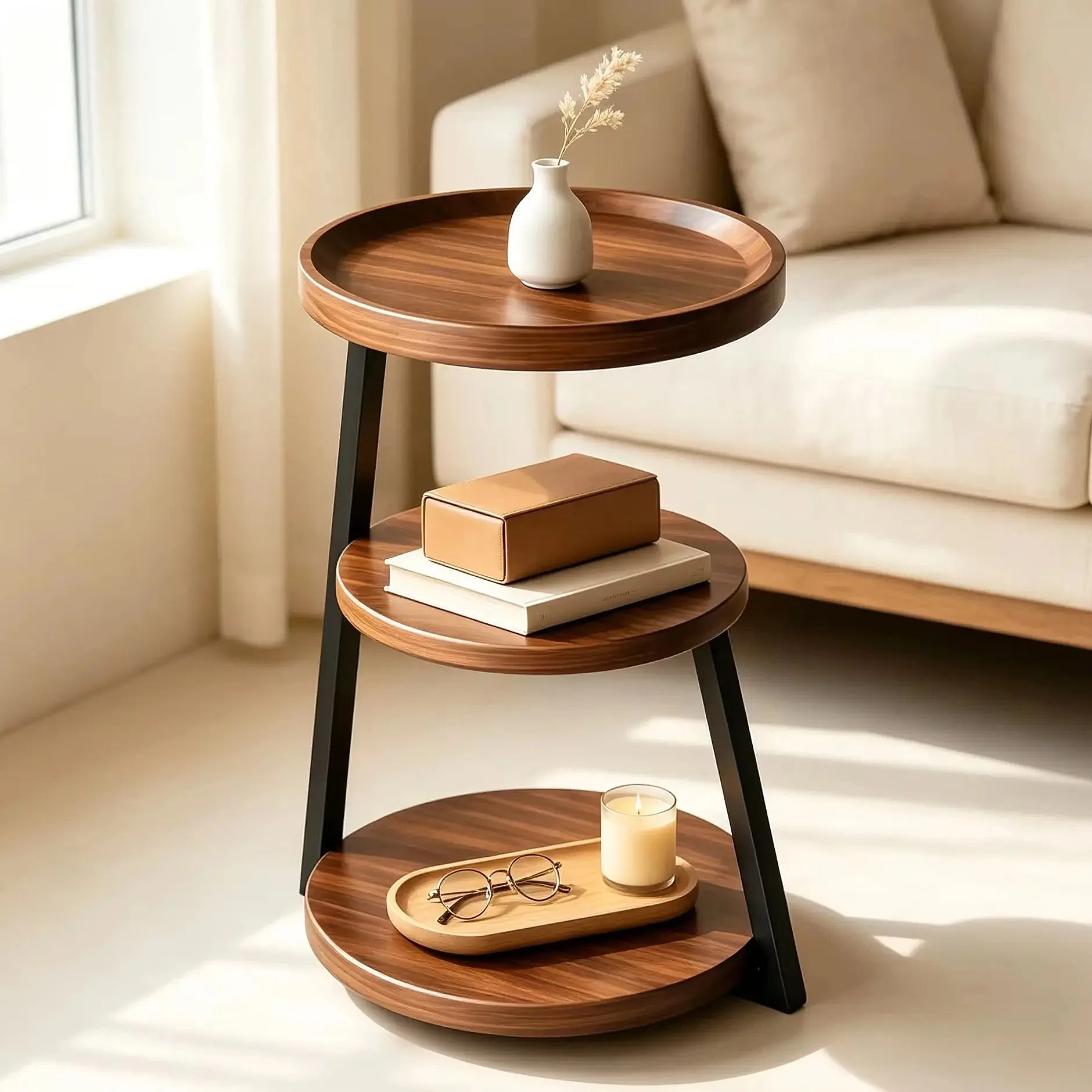 3 Tier Round Side Table Brown Wood Effect Small Bedside Table With Storage Powder Coated Metal Frame Waterproof Tabletop