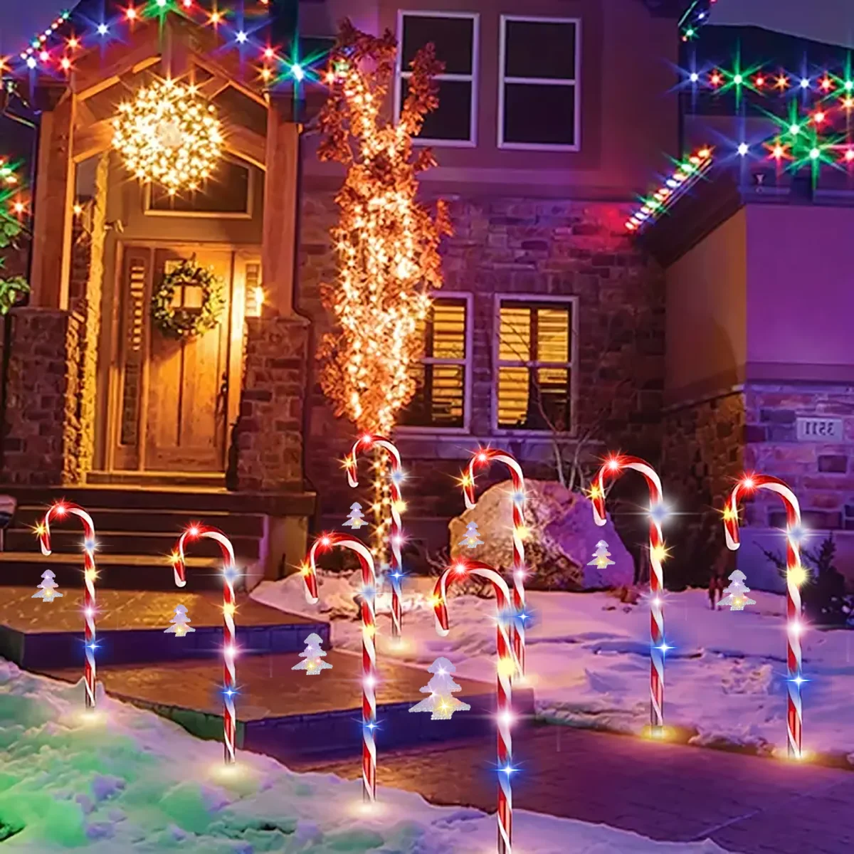 5/Candy Canes Outdoor Decorations Light, Solar Operated Christmas Candy Cane with LED Tree Pathway Markers Lights with Stakes, C