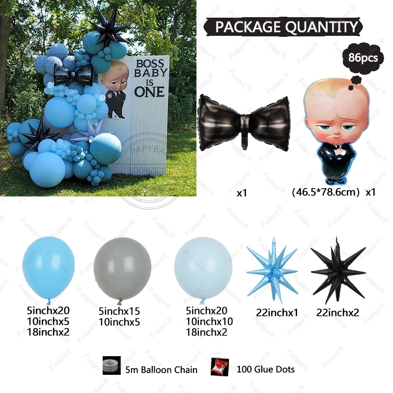 1 set di palloncini a tema Boss Baby con papillon nero Neonato Doccia Palloncino ad elio Compleanno Genere Rivela Decorazione del partito