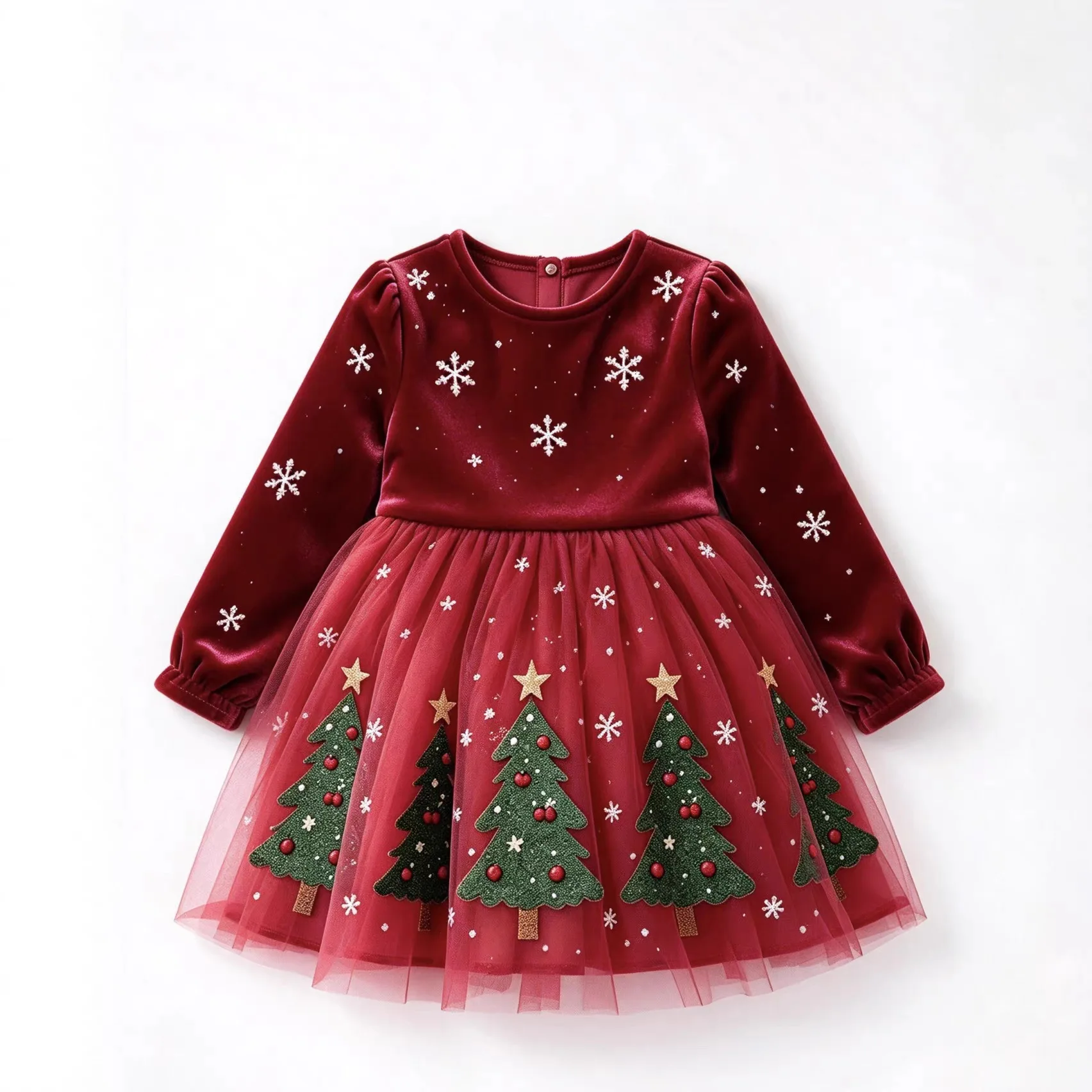 Cross border foreign trade first girl's Christmas dress autumn and winter wine red velvet princess dress mesh fluffy skirt holid