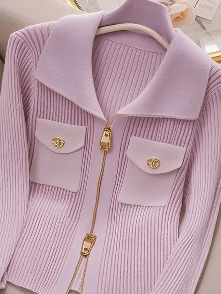 2025 moda zíper design francês rosa roxo malha cardigan para as mulheres outono novo doce emagrecimento manga longa camisola feminina topo