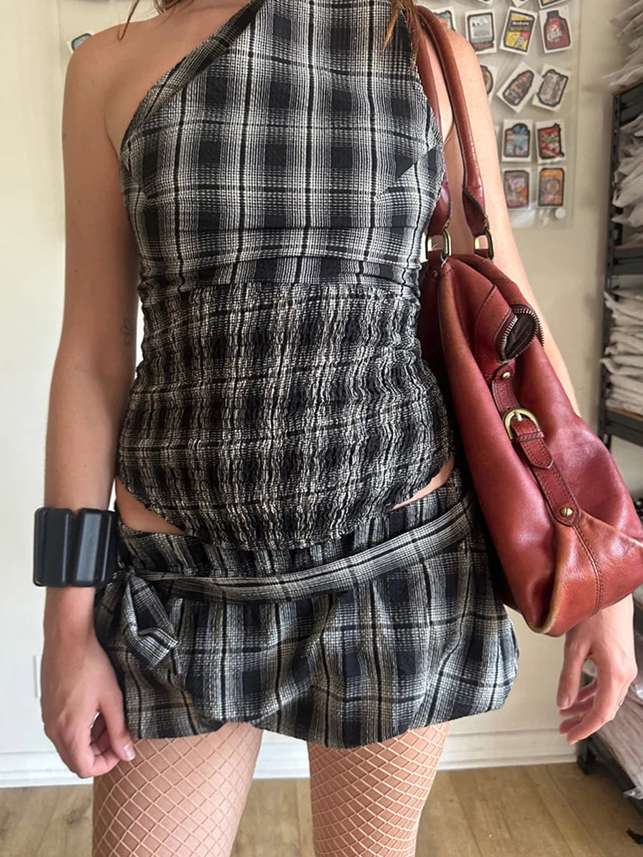 Women Y2K 2 Piece Bubble Skirt Outfit Set Off the Shoulder Plaid Halter Tank Top and Puff Mini Skirt with Belt Party Clubwear