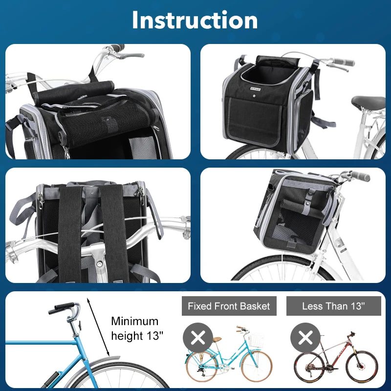 Fahrradkorb für Hunde oder Katzen, erweiterbarer, weicher Haustier-Trägerrucksack mit 4 offenen Türen, faltbarer Hunde-Fahrradträger – Detail 9