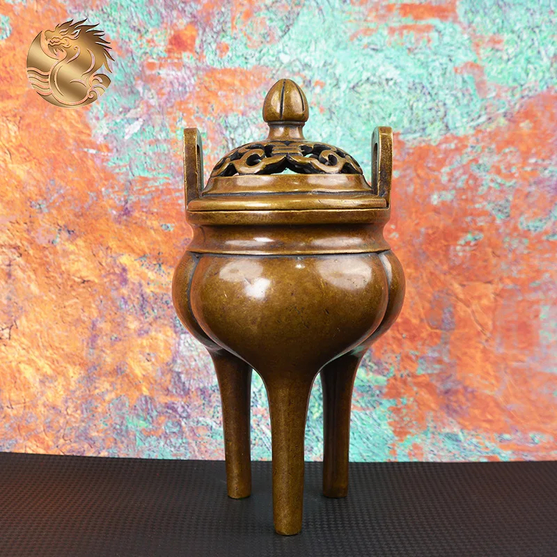 All-brass, antique-style, high-legged tripod incense burner for burning agarwood and sandalwood incense, a copper gift item