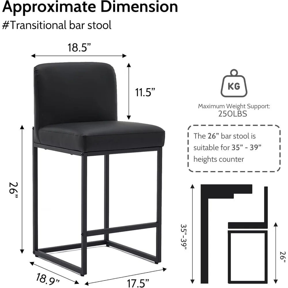 Black Bar Stools - 26 Counter Height Barstools, Modern PU Leather Kitchen Stools with Metal Base