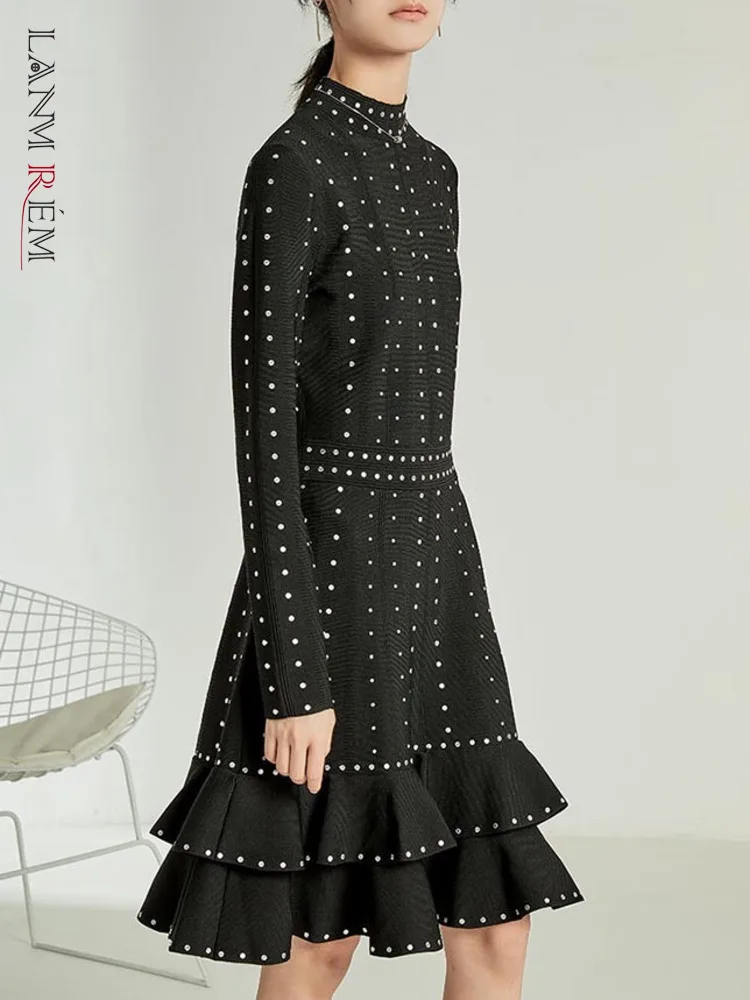 [LANMREM] Black Ruffles Dot Design Knitting Elegant Dress For Women Stand  Neck Waist Slim Long Sleeve Dresses 2025 Spring New
