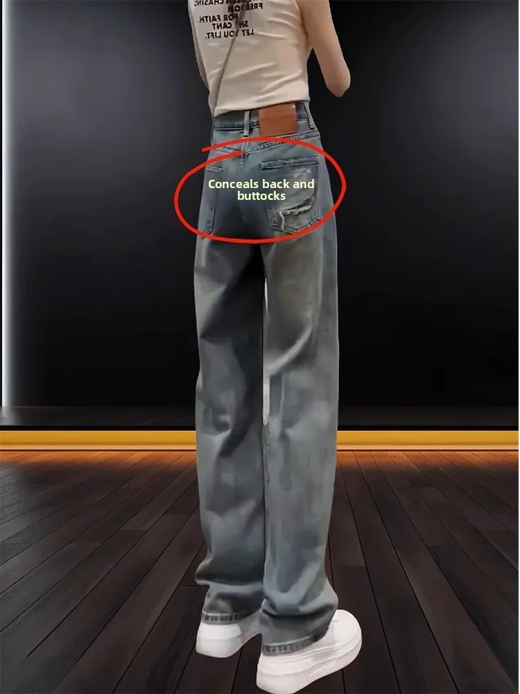 

Джинсы женские с высокой талией, широкими штанинами, в американском стиле, из денима, для осени и зимы, больших размеров, свободного кроя, прямые брюки