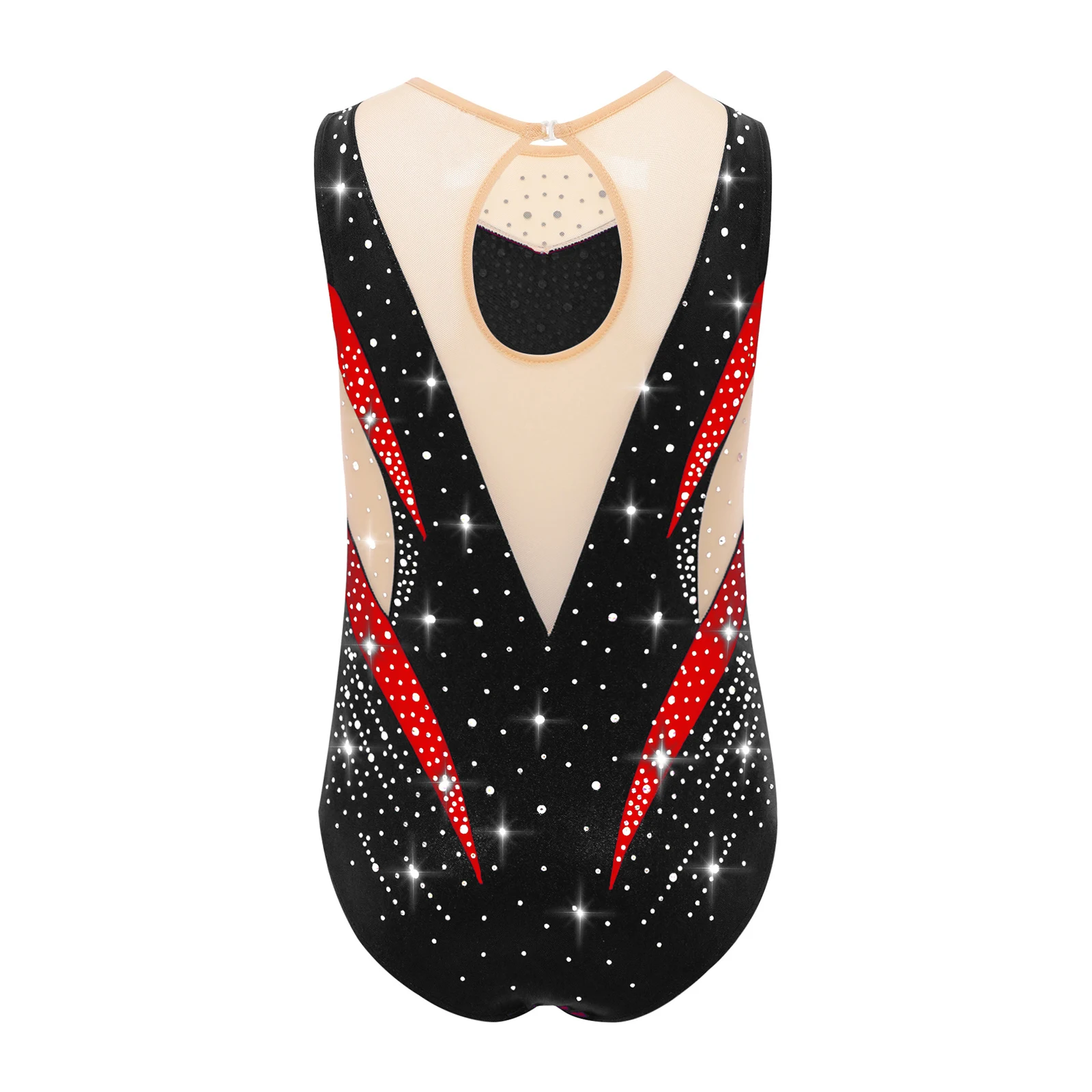 Girls Rhinestones Gymnastics Dance Leotard Ballet Performance Costume Sleeveless Sheer Mesh Patchwork Leotard Bodysuit Dancewear