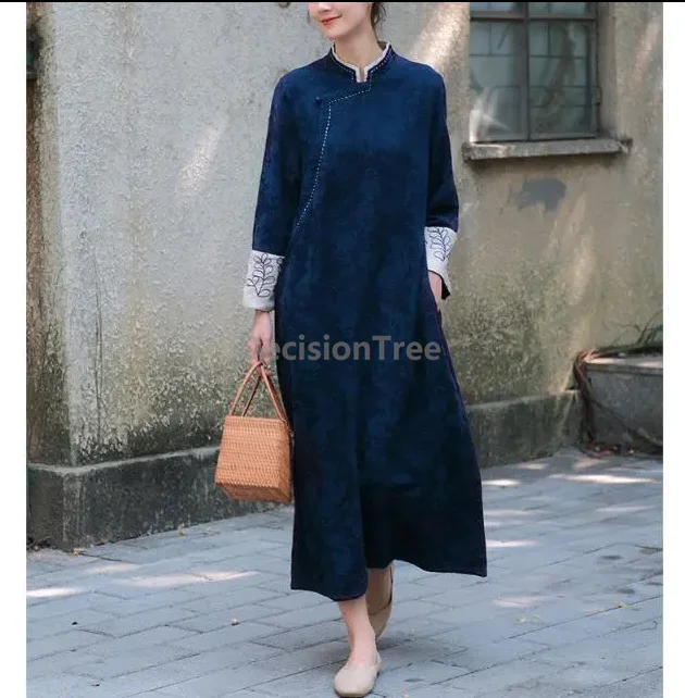 秋のエスニックスタイルヴィンテージレジャーコットンとリネンの袍中国風長袖刺繍入り袍女性の日常着