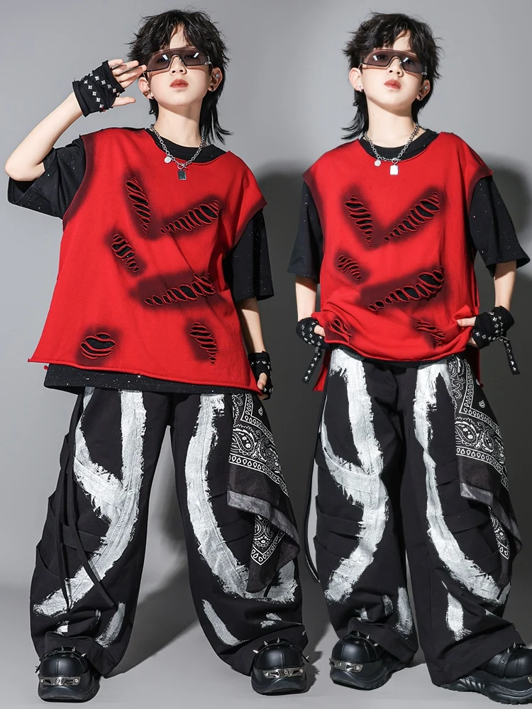 Summer Boys Jazz Dance Costume Hip Hop Locking Performance Clothing Fashion Red Hole Vest Baggy Pants Teenager Street Suit 16320
