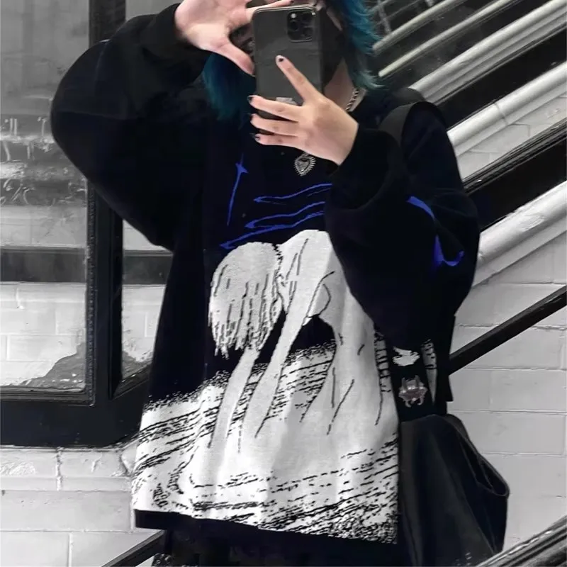 Women's Knitting Pullover Sweater Streetwear Girls Cute Anime Print Pattern O Neck Oversized Harajuku Knitwear Women's Y2k