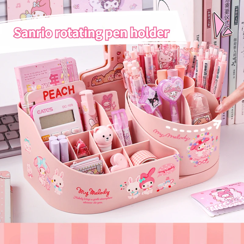 Miniso Sanrio Rotating Pen Holder Stationery Storage Box Cute Storage Rack Large Capacity Organizer Kawaii Kuromi Melody Sticker