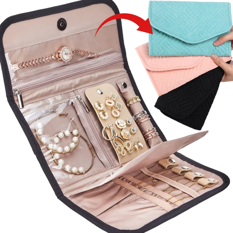 Roll Foldable Jewelry Case Travel Jewelry Organizer Portable for Journey Earrings Rings Diamond Necklaces Brooches Storage Bag