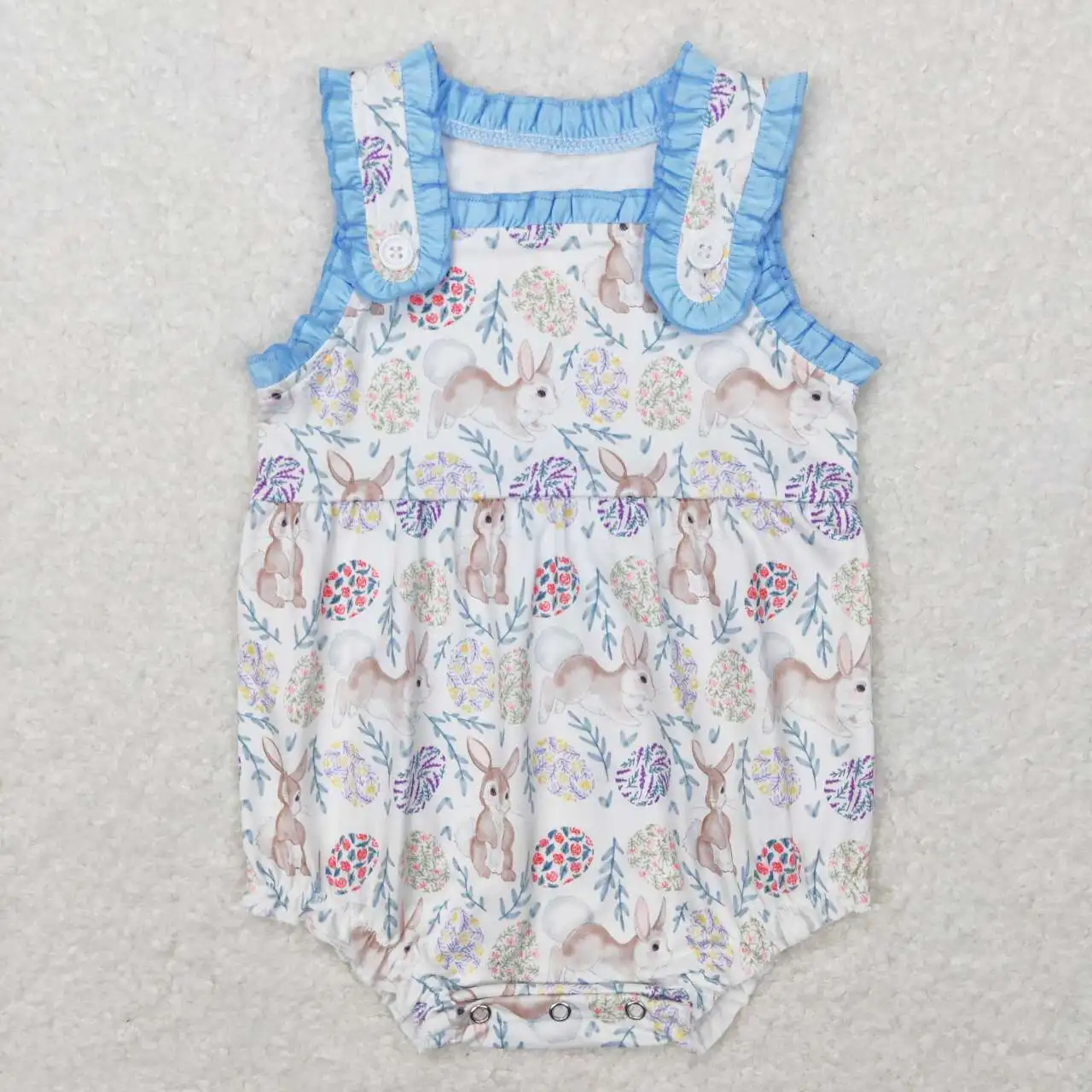 

Wholesale hot sale baby kids clothes newborn toddler Rabbit leaf blue lace white halter onesie rompers