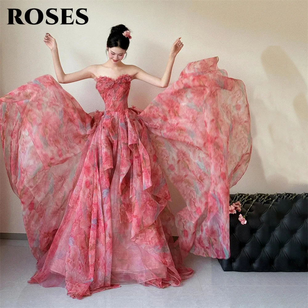 

ROSES Pink Party Dress Floral Print Layered Evening Dresses Sleeveless Formal Gown with Train Prom Gown for Women Customized