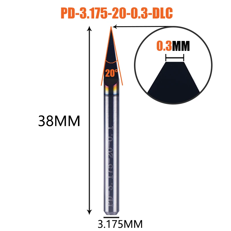 Dreanique 1 Stück Hartmetall-Leiterplatten-Gravurbit mit flachem Boden, 3,175 mm Schaft, DLC-beschichtet, 30 60 90 Grad, 0,1 0,2 0,3 mm Spitze, V-Nut-Bit-Werkzeug