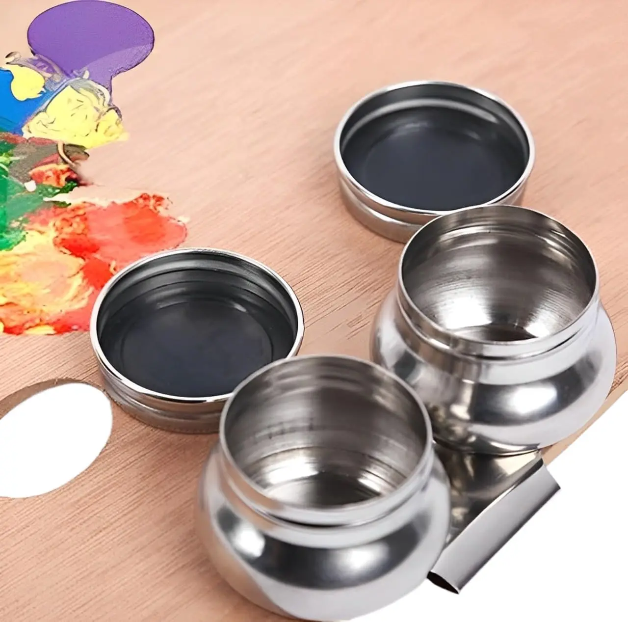 Stainless Steel Double/Single Dipper Oil Painting Palette Cup with Lid and Clip Leakproof Portable Container Clip On Palette