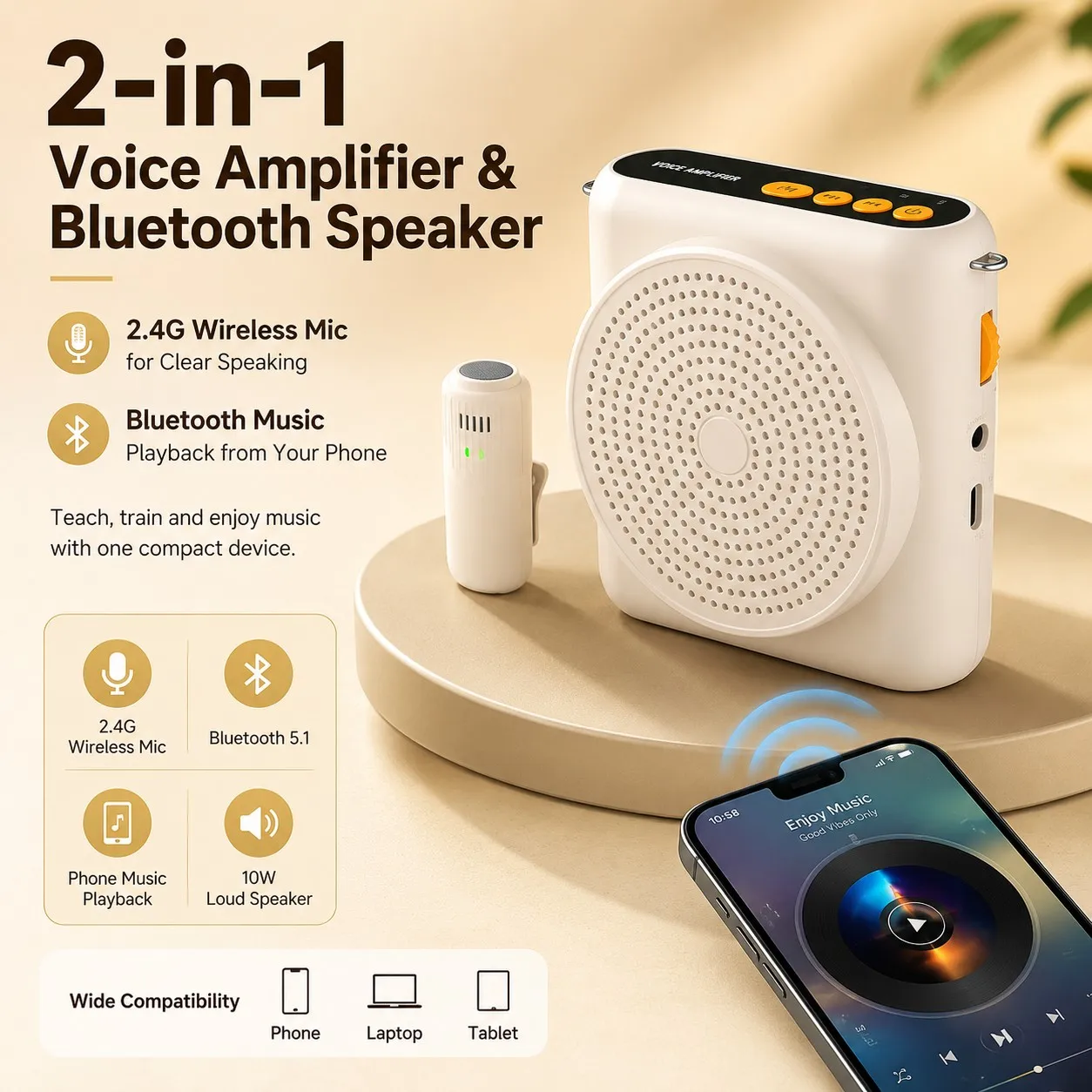 Portable Wireless Voice Amplifier with 2.4G Lapel Mic, Bluetooth 5.1 TF Card Speaker for Teachers Classroom Tour Training