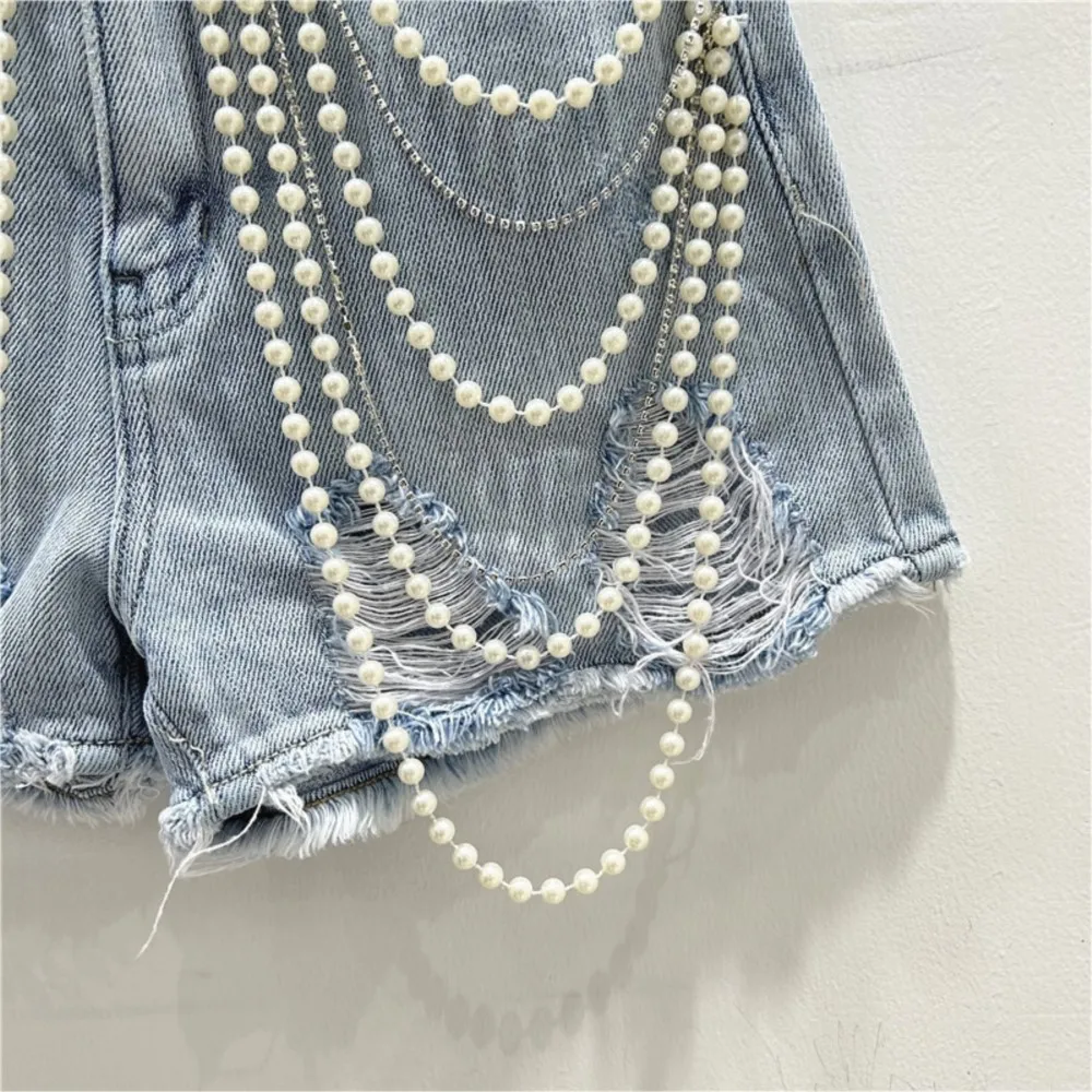 Diamond bead chain rough edges wide leg jeans women's high waisted slim pants short